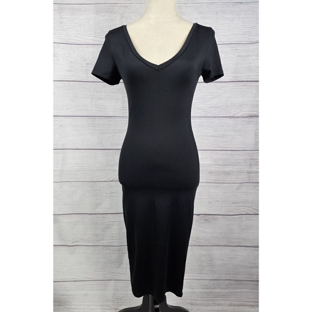 Leith from Nordstrom V-Neck Short Sleeve Bodycon Dress Black Size X-Small - Picture 3 of 8